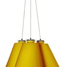 luminária pendente triplex em aço e vidro  prismático nas cores amarelo opalino e ciano opalino