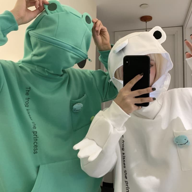 Frog Hoodie Mulheres Fofinho Engraçado Bordado Carta Plus Veludo Engrossado Kawaii Harajuku Streetwear Natal Hoodie Oversized