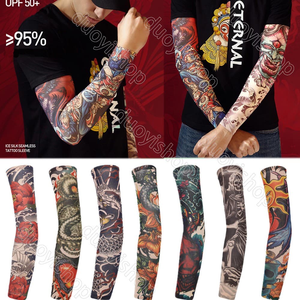 Conjunto 1 Par (2PCS) Anti-UV/Pó Mangas De Braço De Meia De Mão Manga Seda Fria Motocicleta Homens Unisex Tattoo Sleeve