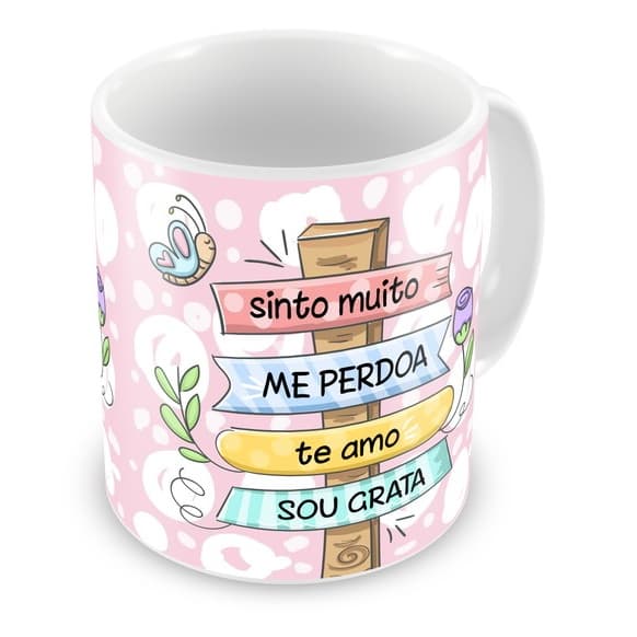Caneca xícara de Porcelana Personalizada Hoponopono Sinto Muito, Me Perdoa, Te amo, Sou Grata