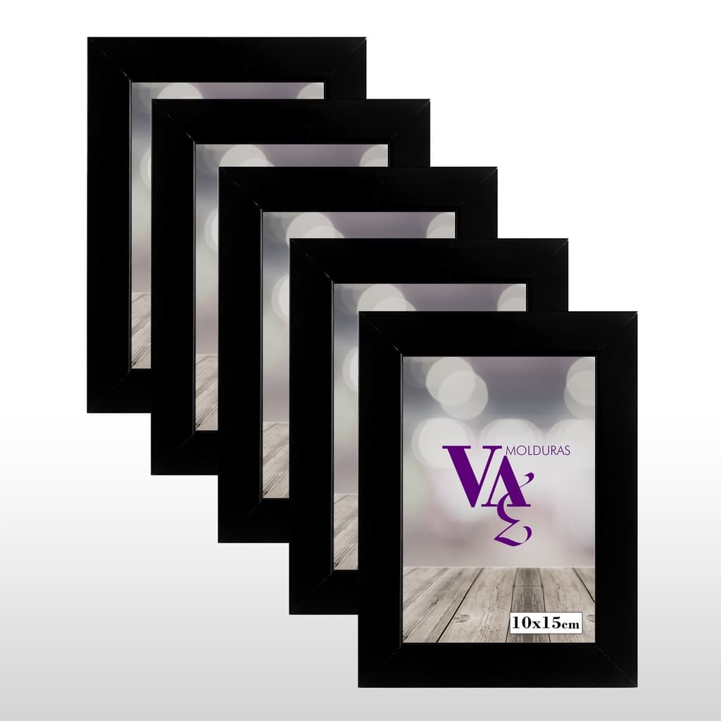 Kit Porta Retrato 10x15 C/Vidro ou acetato para parede ou mesa quadro Preto 5 Unidades