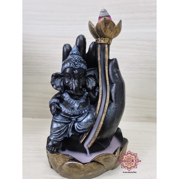 Incensário Cascata Lord Ganesha Sentado na Mão 16 cm