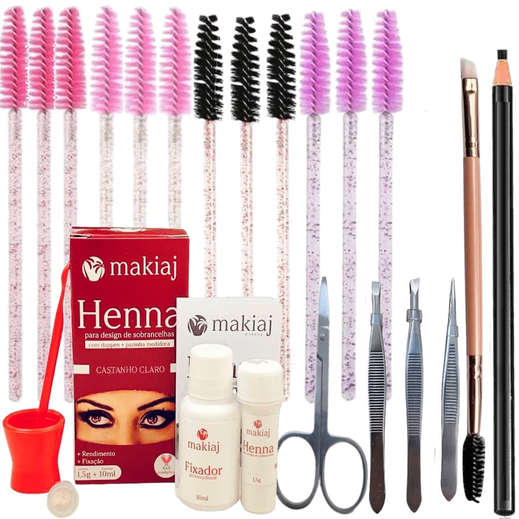 Kit Henna Makiaj + 12 Escovinha Sobrancelha + Tesoura+ 3 Pinca + Lapis + Pincel Duplo