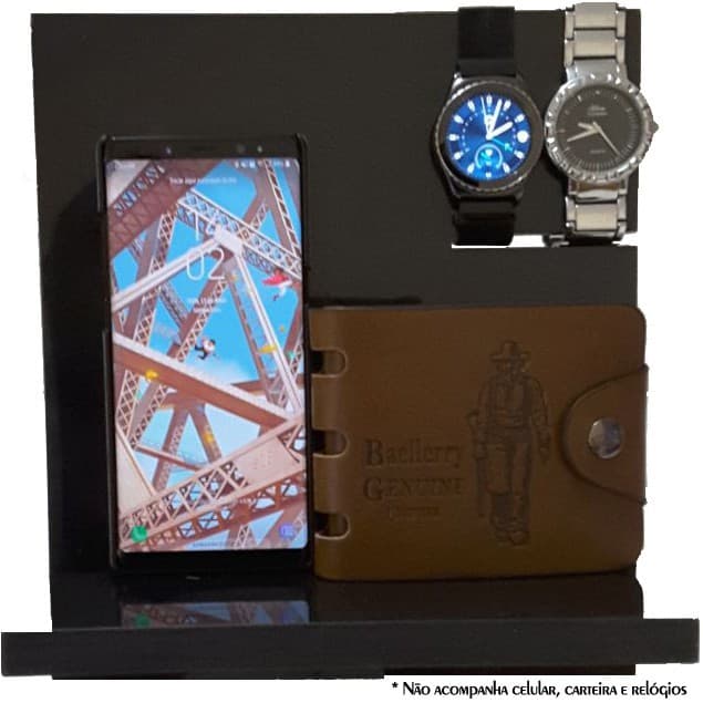 Suporte para Celular Carteira e Relógio Porta Celular em MDF Preto