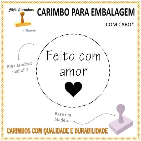 Carimbo Feito Com Amor Pontilhado Coração Para Embalagem, Escola a medida, Carimbeira(Almofada de Tinta) Opcional.