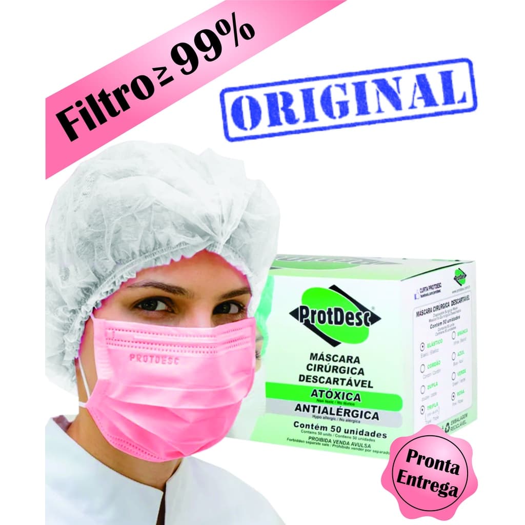 Máscara Rosa ProtDesc ( Original de Fabrica ) Tripla Descartável com Anvisa  e Filtro Meltblown ( 1 Cx ) 50 Un.