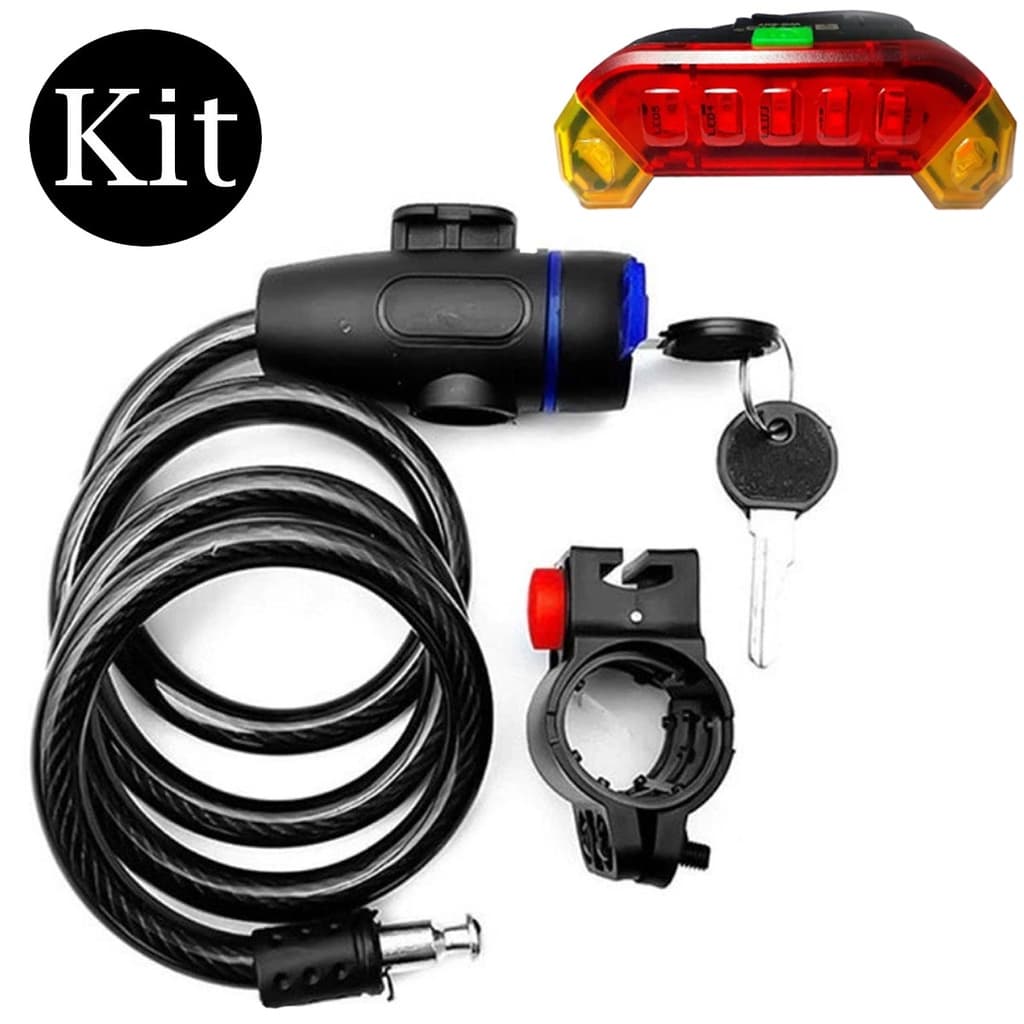 Trava Cabo De Aço Com Chave Cadeado Segurança Bike + Sinalizador Traseira Bicicleta Bike Led Recarregável