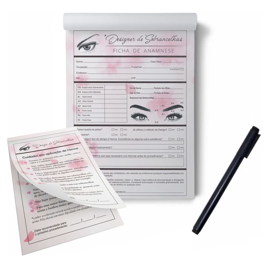 Kit Bloco Ficha de Anamnese Design/Designer de Sobrancelhas + Cuidados Pós Aplicação de Henna