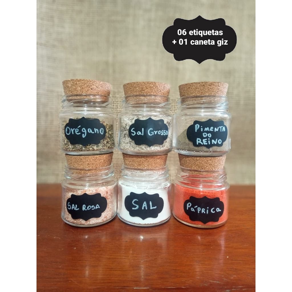 Porta Temperos de Vidro 150ml - 06 Peças + 06 Etiquetas + 1 Caneta Giz