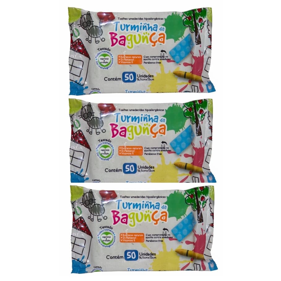 Kit com 3 - Lenços Umedecidos Turminha da Bagunça Toalhas Umedecidas 50 Unidades cada ( Total: 150 lenços) o autentico