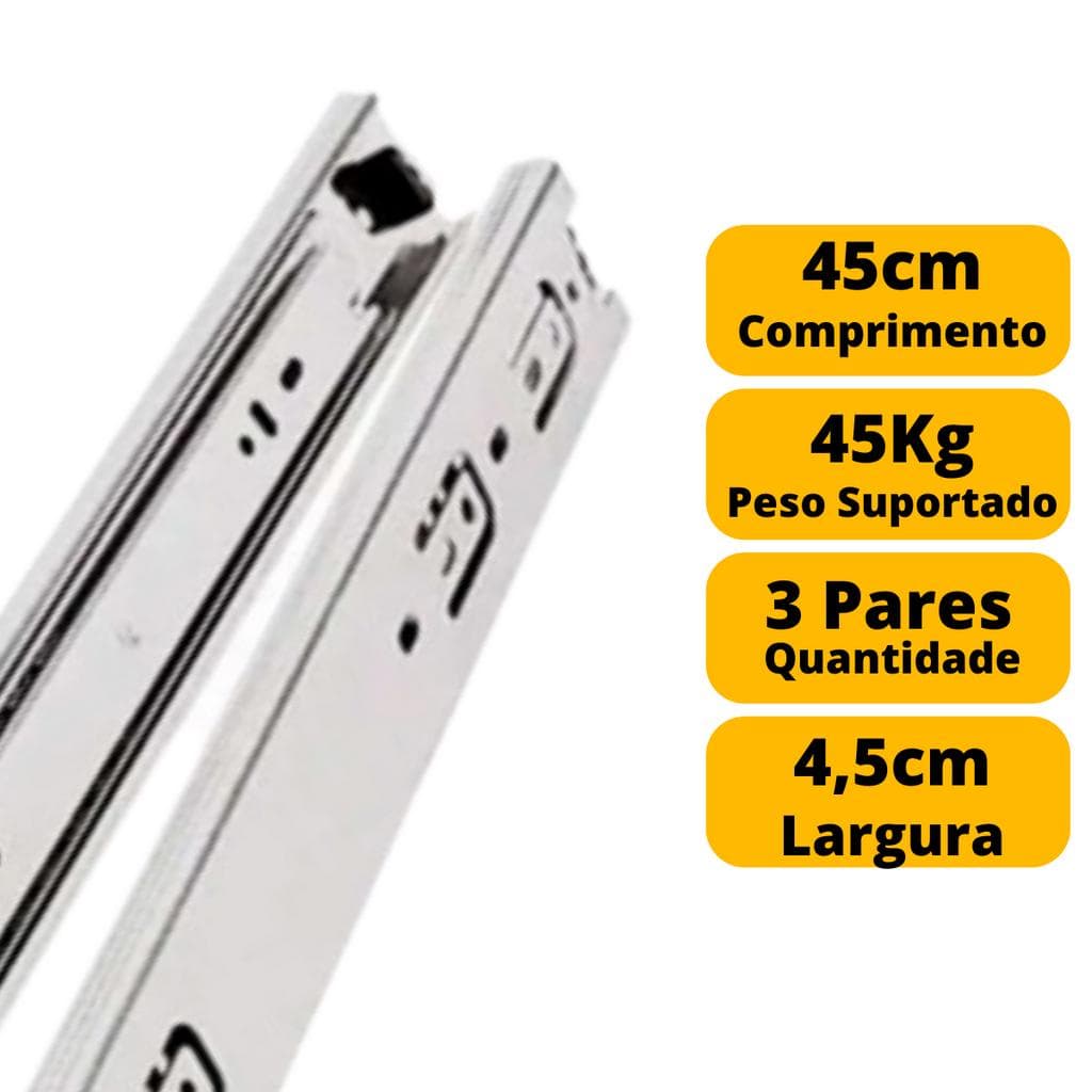 Kit 6 Corrediças Telescópica Para Gaveta Reforçada 45cm 3 Pares 45 Kg