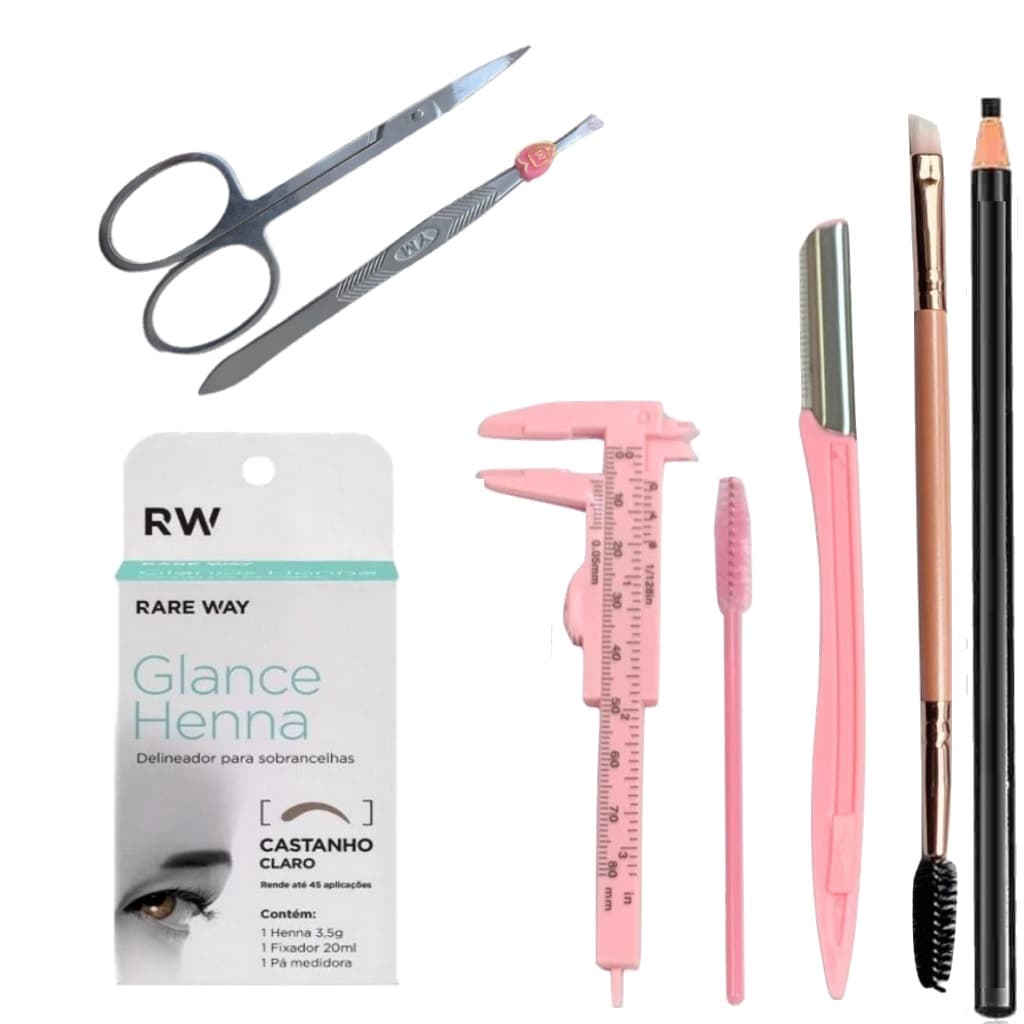 Kit Henna Glance Sobrancelha Pincel Navalha Tesoura Lapis Pinca Designer Profissional