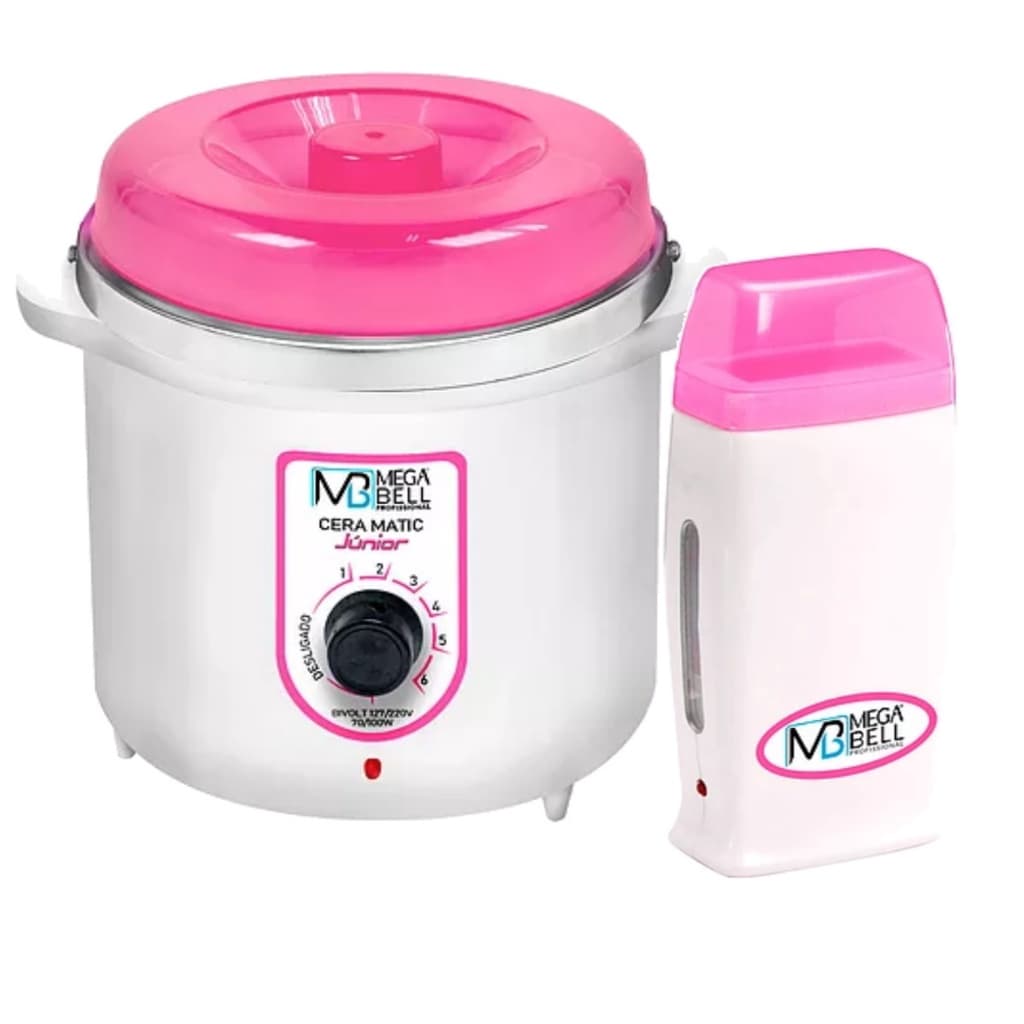 Kit Depilação Termocera 400gr Sem Refil Branca Com Rosa + Aquecedor de Cera Roll-on Rosa Mega Bell