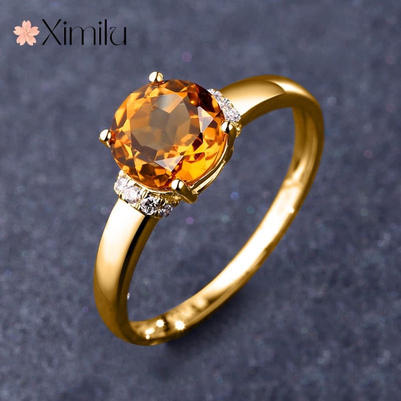 Anel De Ouro Original Redondo De Citrino 18K Jóias Femininas De Boca Ao Vivo