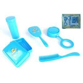 Kit banho infantil para o bebê com 5 peças contendo escova, pente, saboneteira, porta cotonete e chocalho presente