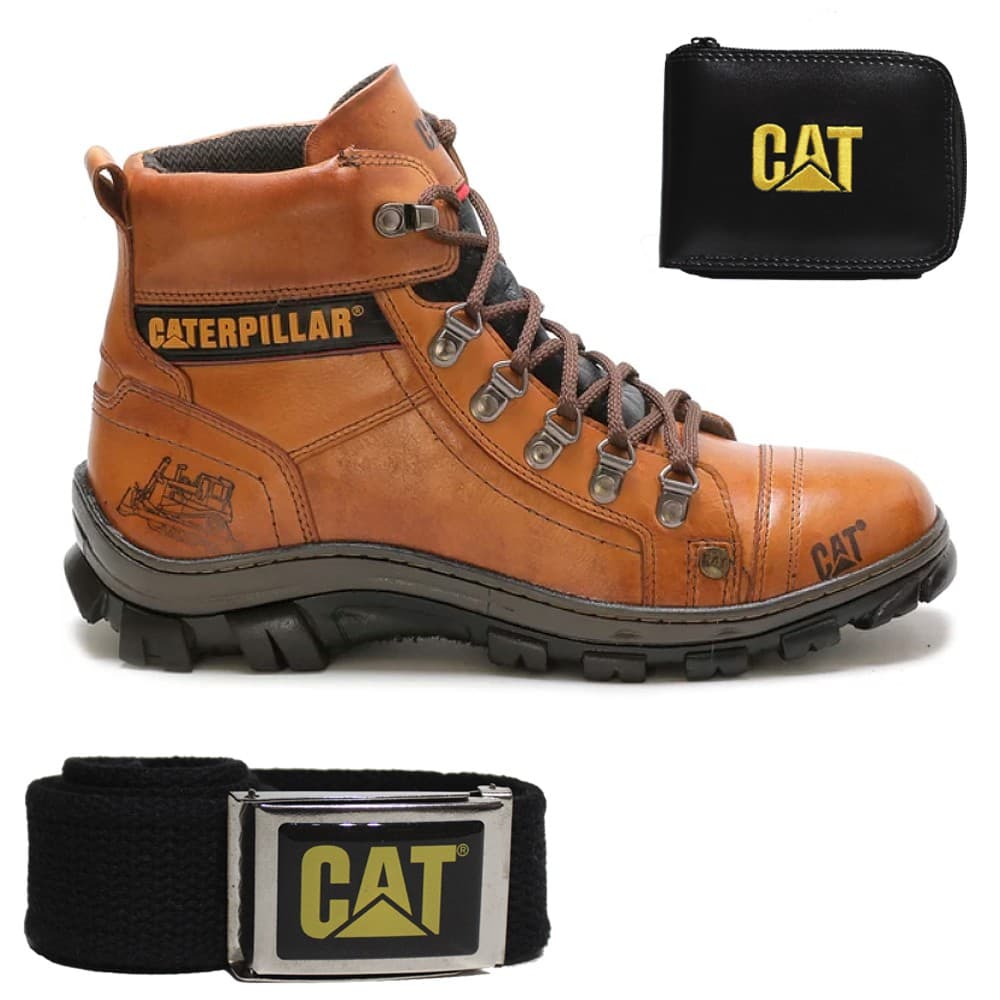 Bota Coturno Caterpillar Cat Masculino Couro Legitimo Macia e Confortável + Carteira + Cinto