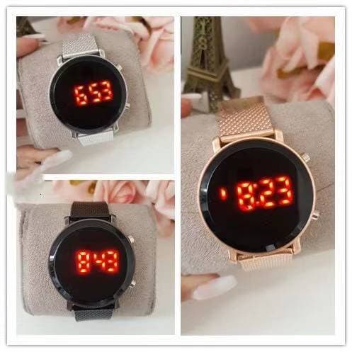 Relógio digital feminino LED redondo dourado e rosa breto prateado blogueiro de moda