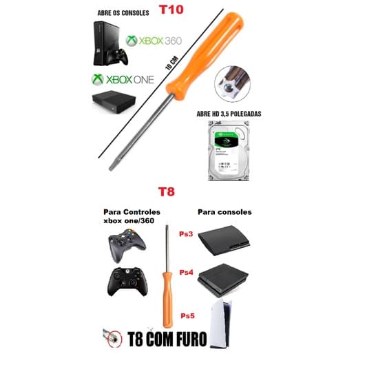 Chave Torx T8 ou T10 Com Furo Abre Playstation PS3 PS4 PS5  Xbox Xbox One Controles