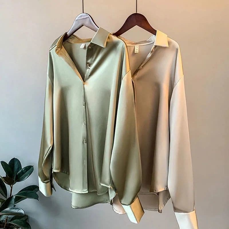 Camisa Feminina De Seda Com Mangas Compridas/Retrô/Plus Size/Primavera 2021