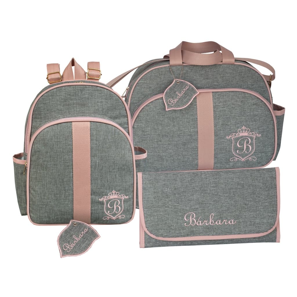 Kit Bolsa Mochila Trocador Linho Luxo Bordado Com 2 Chaveiros Personalizados Nome do Bebê