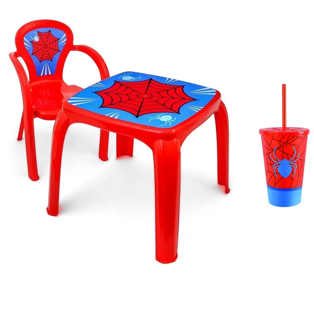 Kit Mesa Infantil Com 1 Cadeira E 1 Copo Teia Aranha Menino