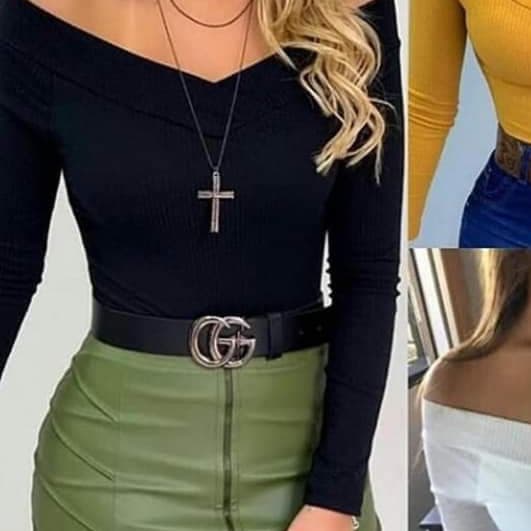 Blusa feminina ombro a ombro manga longa tecido canelado elastano
