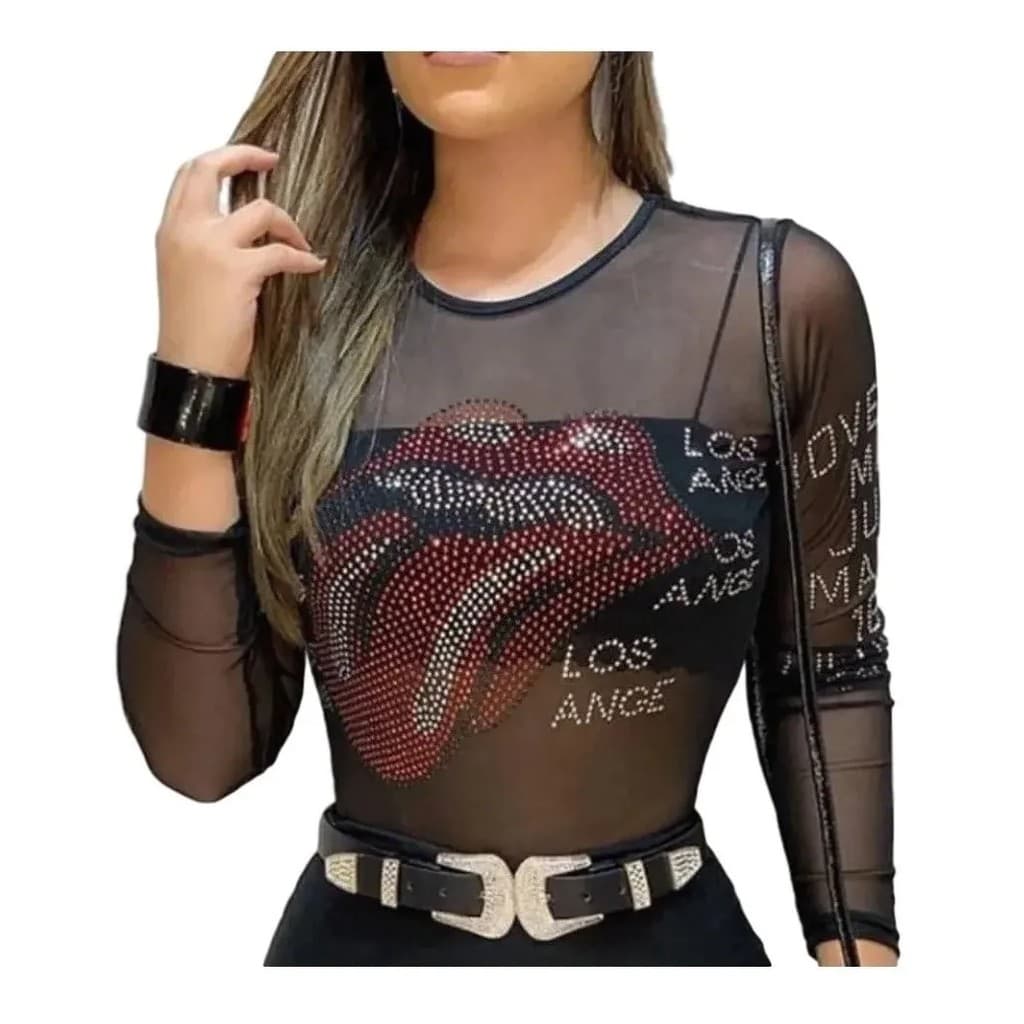Body Transparente em Tule Bruna Marquezine Pedraria Brilho Desenho Boca