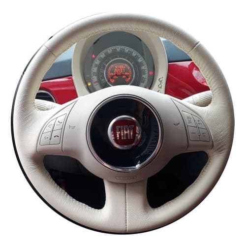 Capa De Volante Costurada Fiat 500 Em Couro Creme
