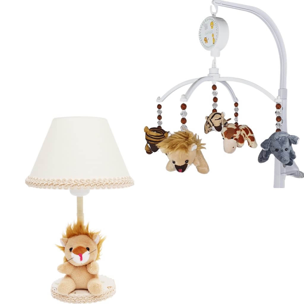 Kit Decoração para Quarto do Bebê com Móbile Musical e Abajur Infantil Safari Bege