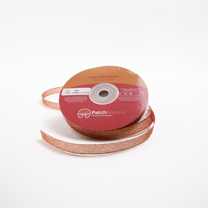 Fita Metalizada Vermelho Golden - 10mm - Rolo Com 25 Metros