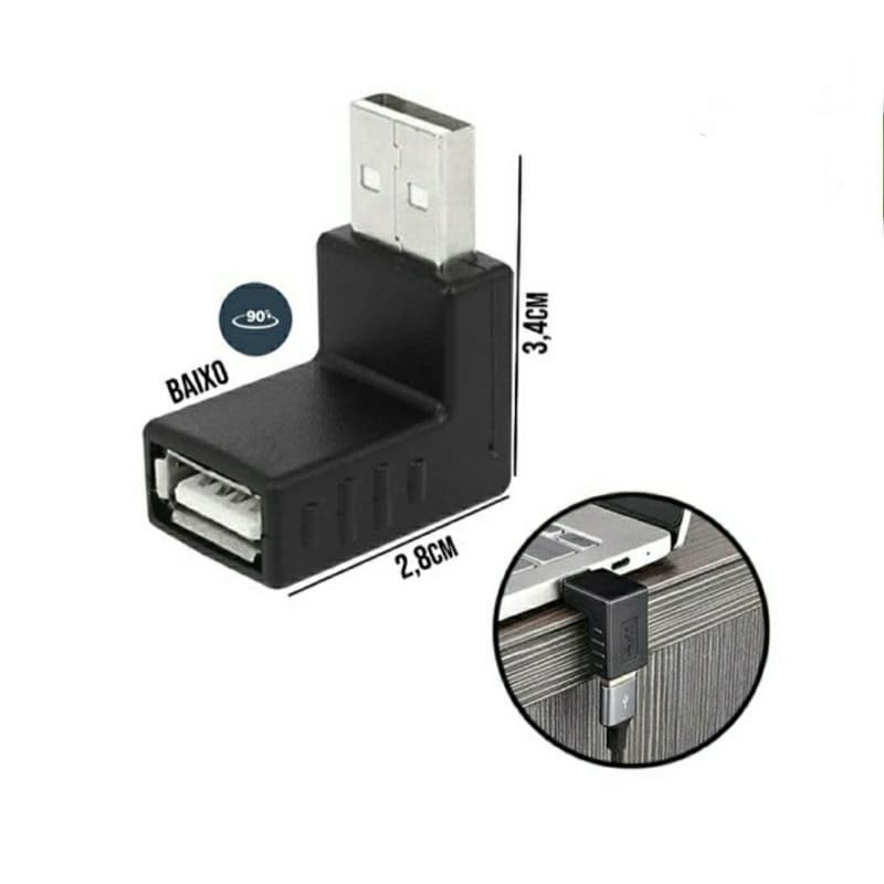 Adaptador USB Macho x USB Fêmea 90 Graus