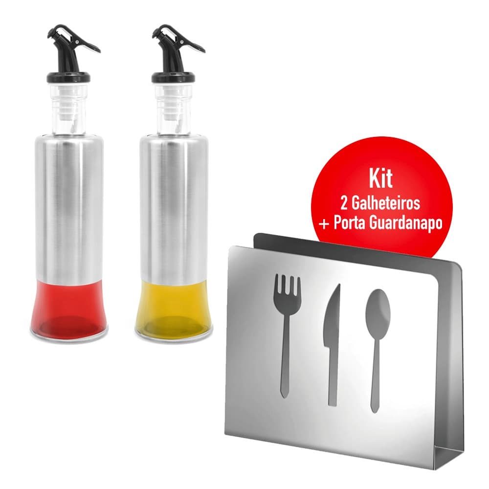 Kit 2 Galheteiro 300ml Vidro Inox Dosador + Porta Papel Guardanapo Inox