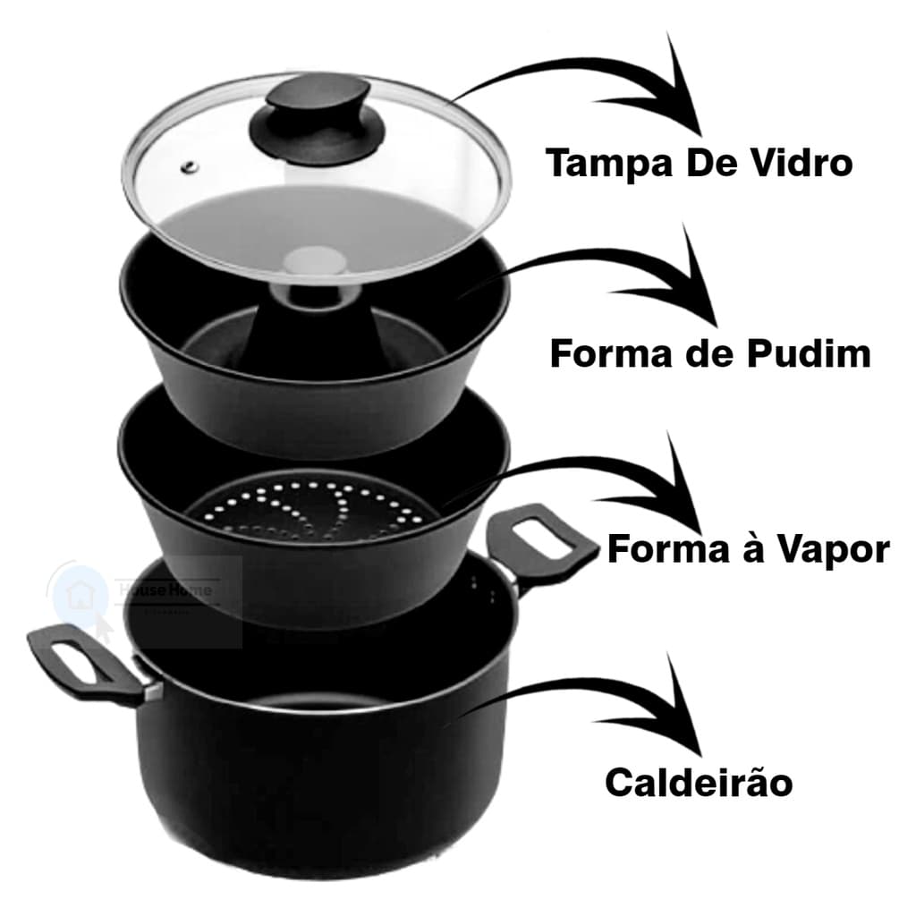 Conjunto Banho Maria Pudim Teflon Antiaderente Tampa de Vidro 3 peças Panela 3 em 1 a vapor
