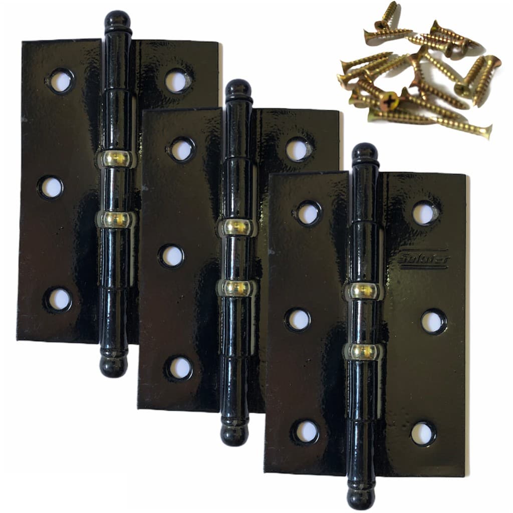 Kit Com 3 Dobradiças Porta Janela Madeira Preta 31/2 Solufer Com Parafusos
