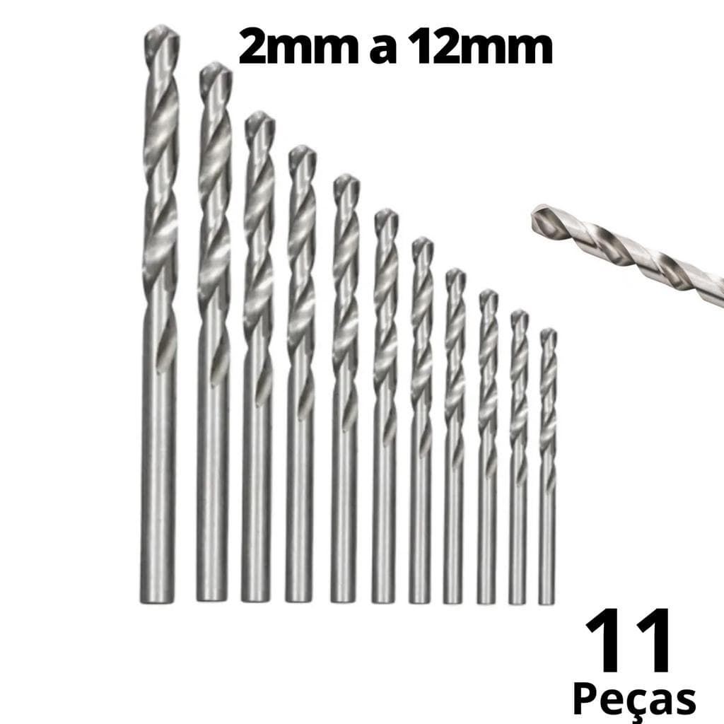 Jogo Com 11 Brocas Aço Rápido - Hss Din 338 - Kit Broca Metal 2 À 12mm - Fertak.