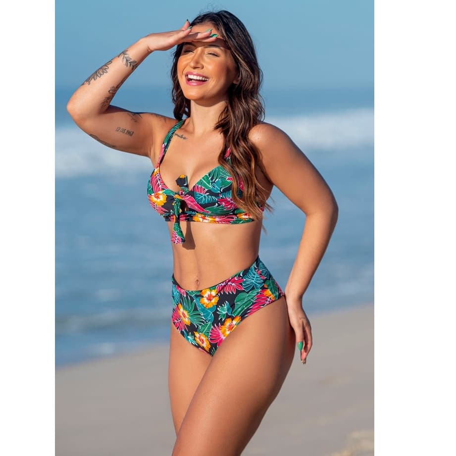 Conjunto Biquíni Hot Pants com Top Reforçado Tropical Cintura Alta