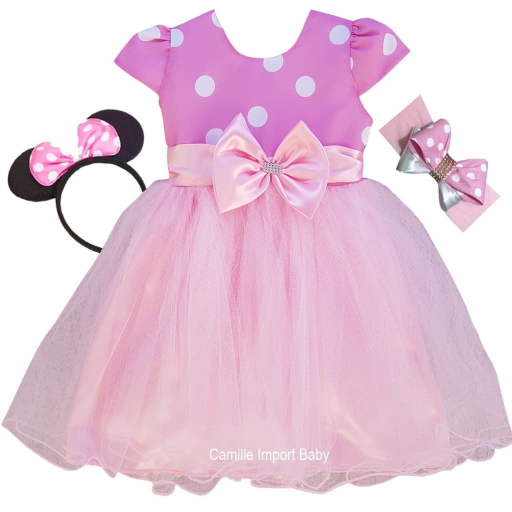 Vestido Minnie Rosa 1  Ao 12 E Faixa E Tiara Promoção Exclusivo