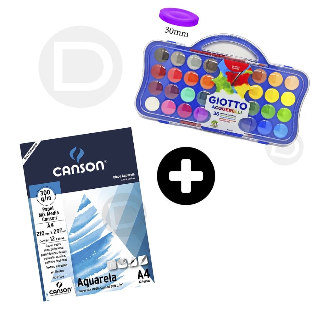 KIT Aquarela Giotto 36 Cores 2 Pincéis + Bloco Canson Aquarela 300g 12 Folhas A4