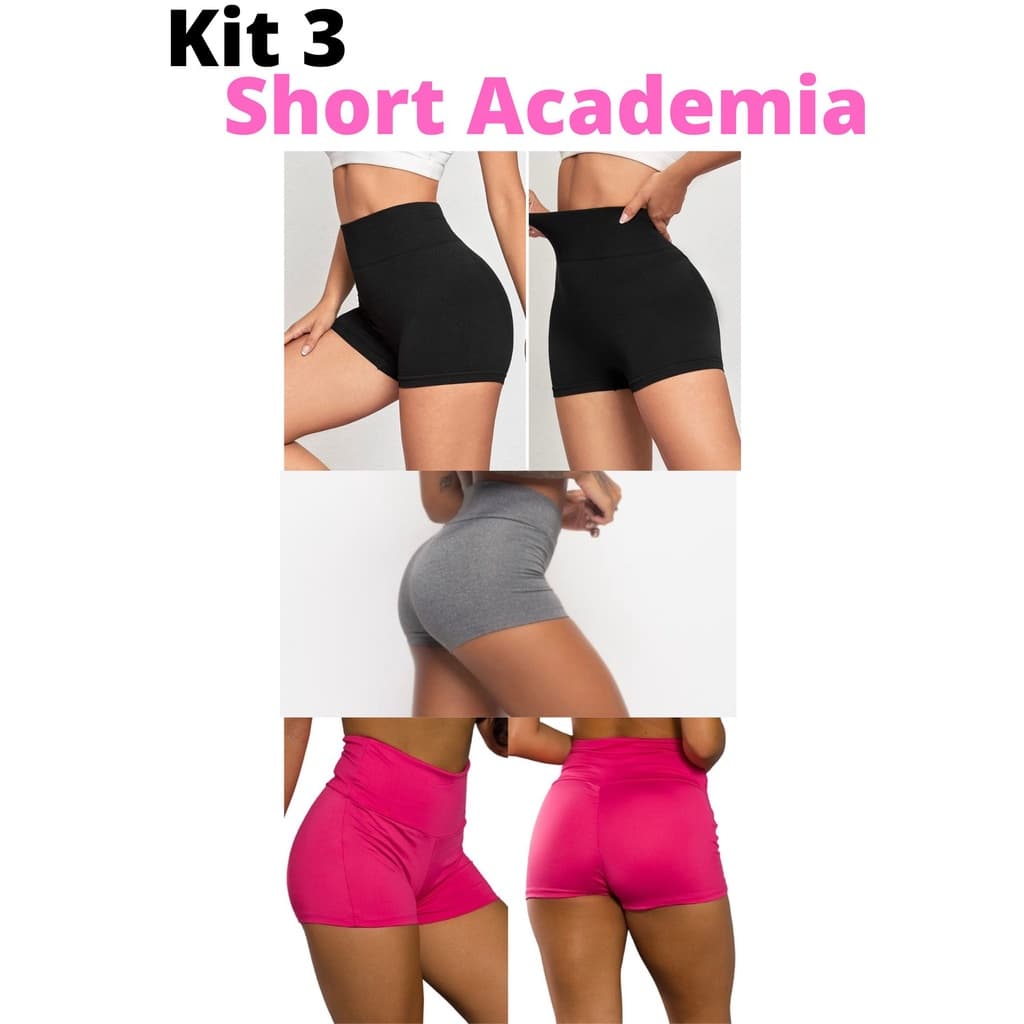 Kit 3 Short Suplex Academia Fitness Cós Alto Meia Coxa Tecido Poliéster Bermuda Feminina Academia Promoção