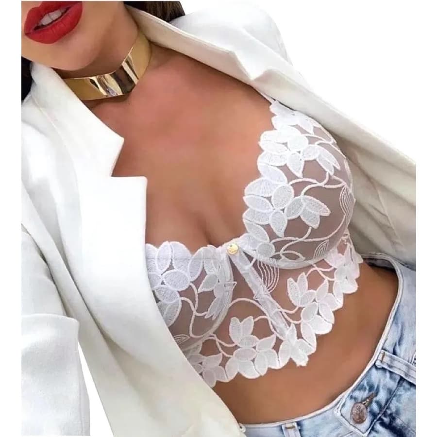 Cropped Top Blusa Sutiã Renda Decotado Decote Fina Alcinha Rendado Moda Blogueiras nude Mk