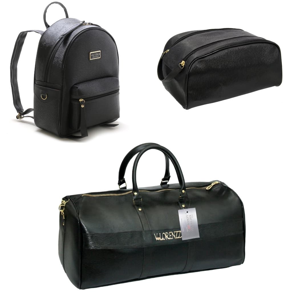 Kit 3 Mala + Mochila + Necessaire Preta Casual Passeio Viagens