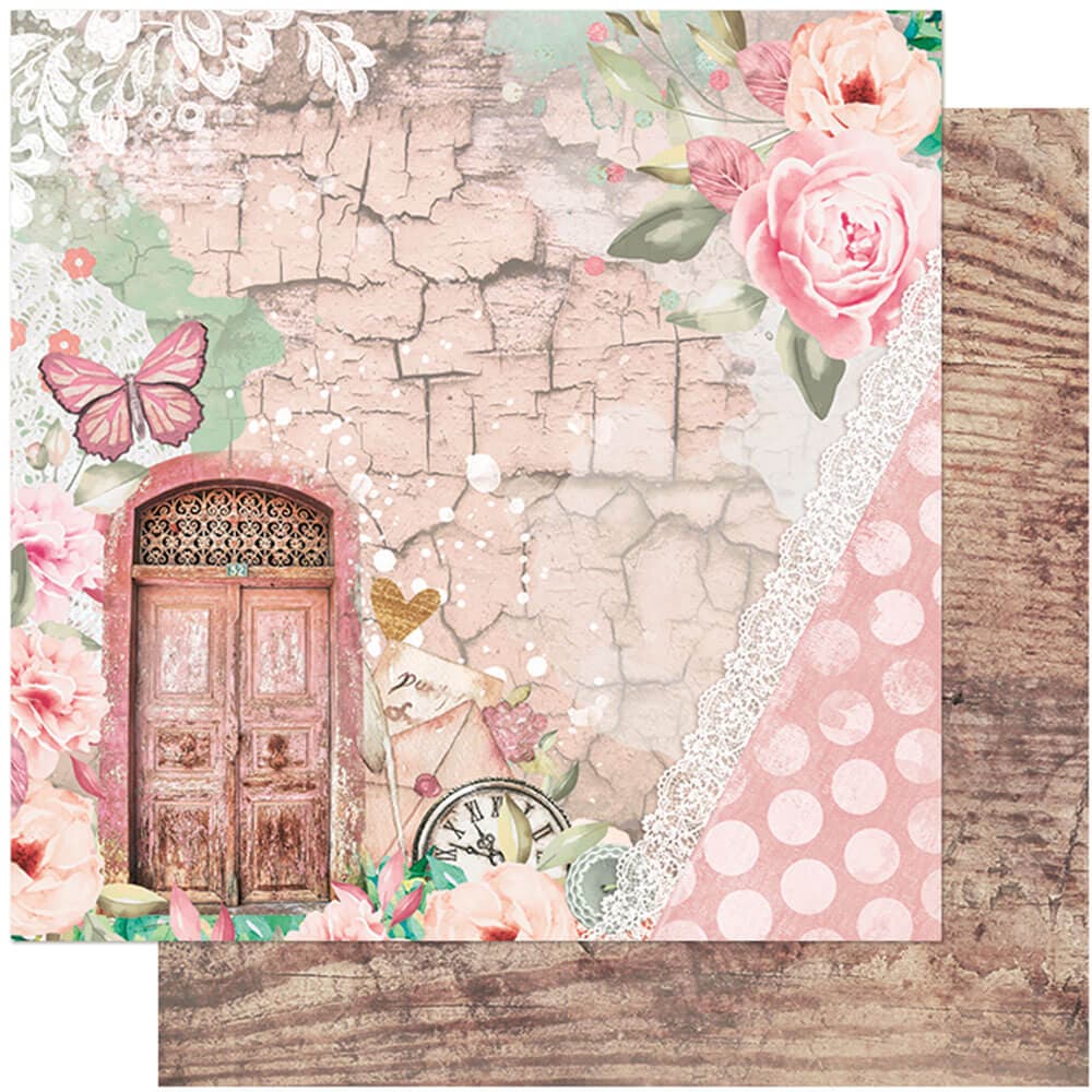 Papel Para Scrapbook Dupla Face Porta, Relógio, Rendas, Rosas, Borboleta Litoarte SD-1093 30,5x30,5