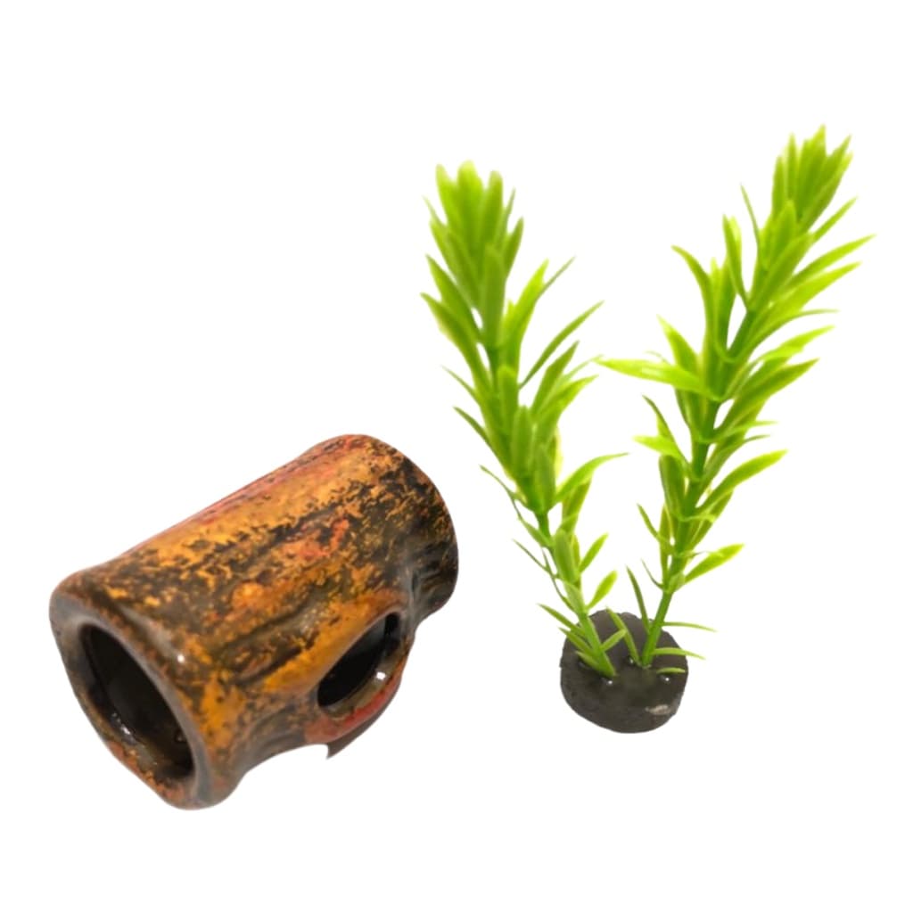 Enfeite Aquário Tronco Toca Mini + Planta - Betta