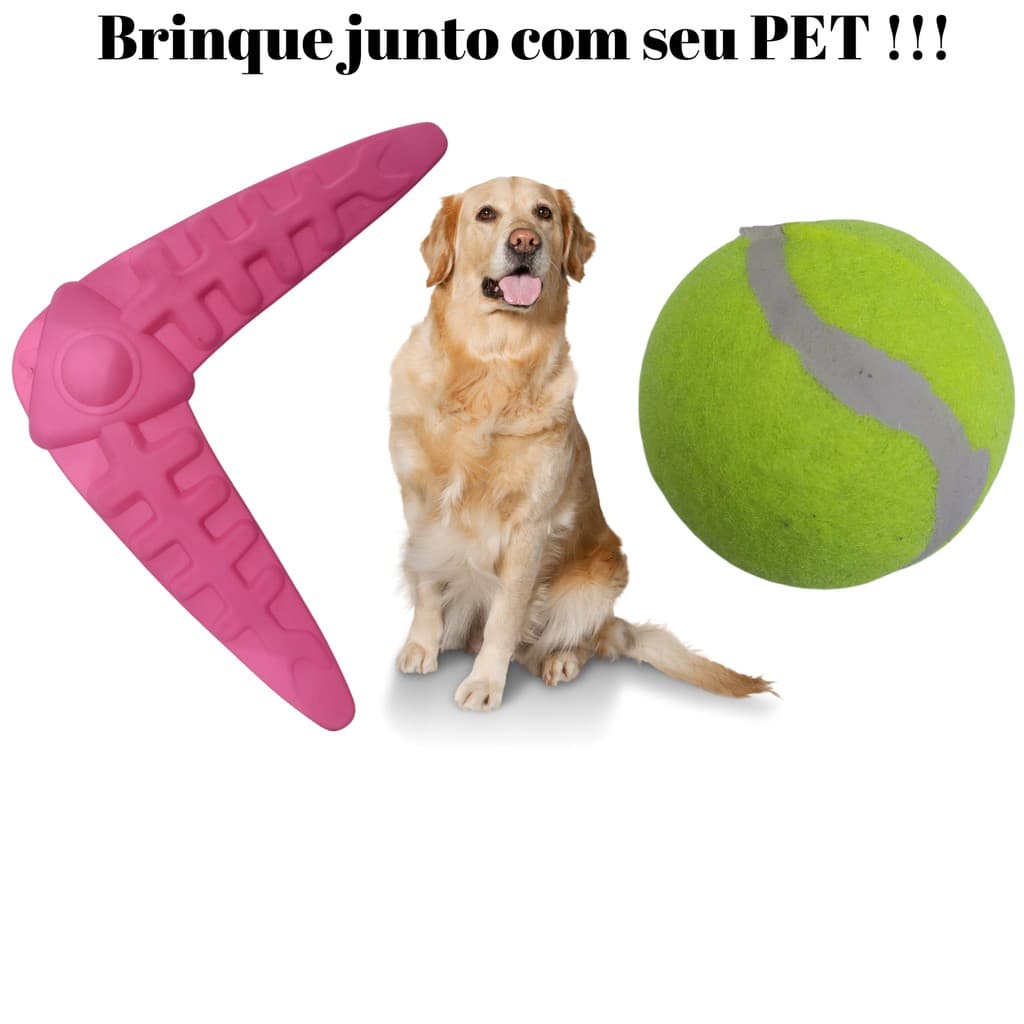 KIT Brinquedo Bumerangue 14 x 17cm Mordedor + Bolinha de Borracha, interaja brincando junto com seu PET, Você arremessa ele busca, Para Cachorros Gatos, Brinquedo para Caes e para seu PET ficar ainda mais feliz, para filhotes.