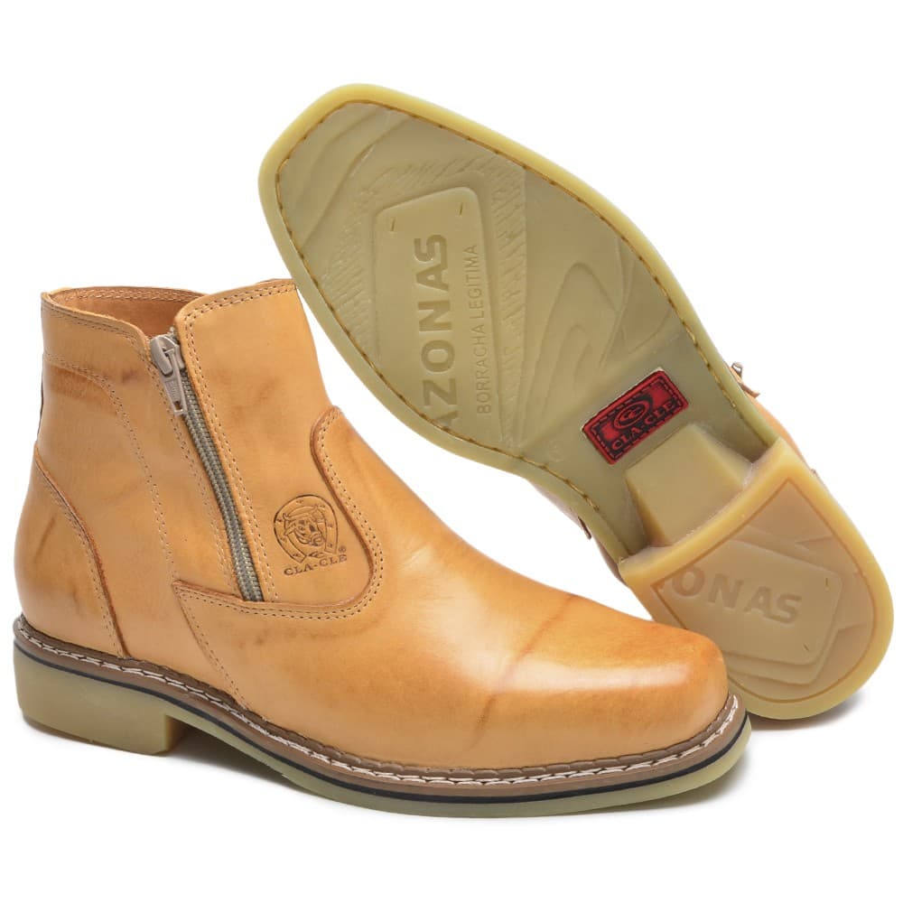 Bota Masculina com Ziper ClaCLe em Couro Legítimo Bege