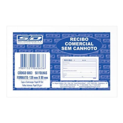 RECIBO SEM CANHOTO 140mm X 89mm OU RECEIBO COMERCIAL COM CANHOTO 2 CORES 198mm X 88mm  - SAO DOMINGOS - PAPELARIA - ESCRITORIO