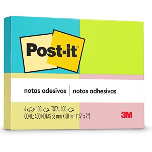 Bloco Adesivo Post-It® Neon 4 Cores (Azul, Amarelo, Verde e Rosa) 38 mm x 55 m 100 Folhas - 3M