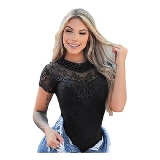 Bota Body Feminino Tule Renda Manga Curta Lançamento