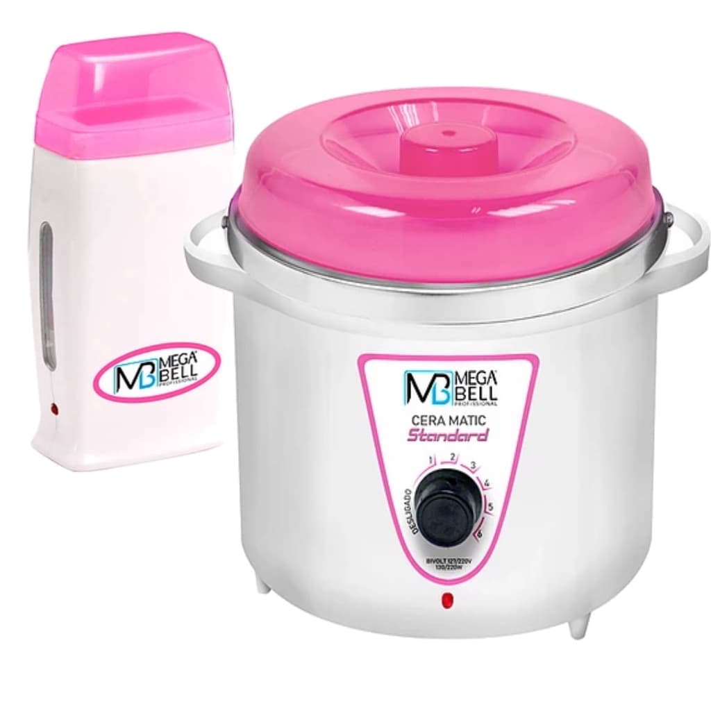 Kit Panela Depilação Termocera 700g Sem Refil Branca Com Rosa + Aquecedor de Cera Roll-on Rosa