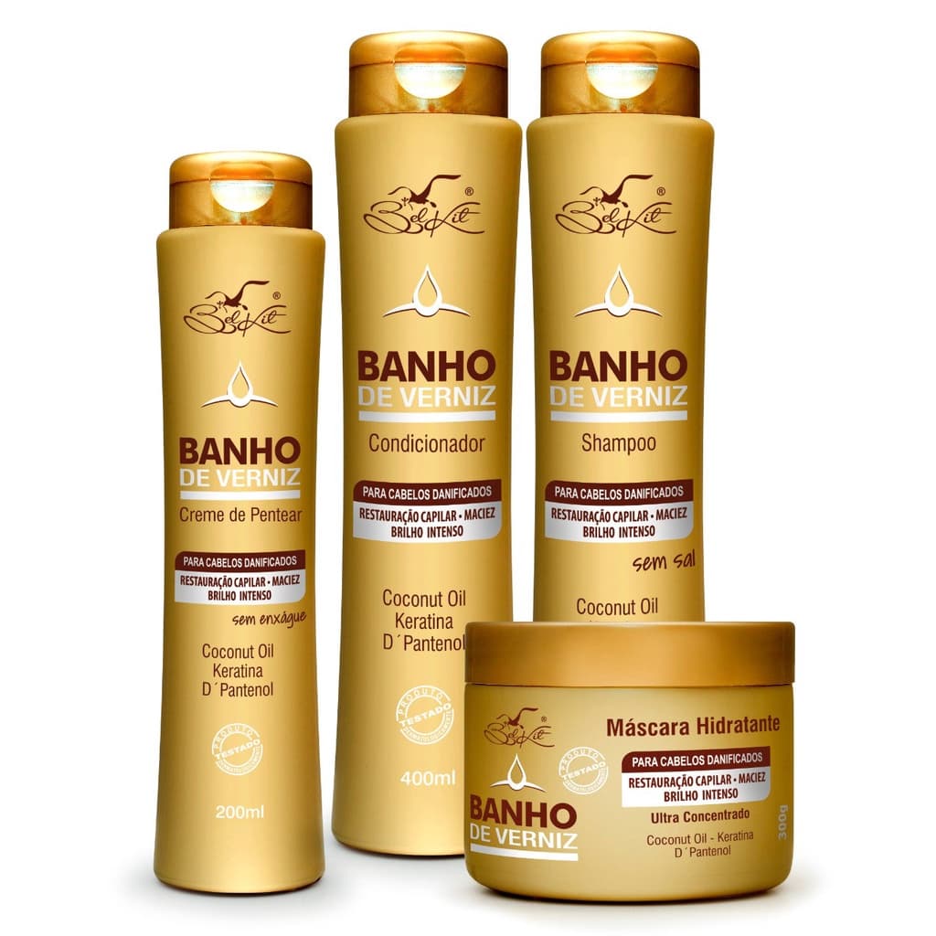 Kit Tratamento Capilar Banho de Verniz Belkit  (Shampoo, Condicionador, Máscara e Creme de Pentear)